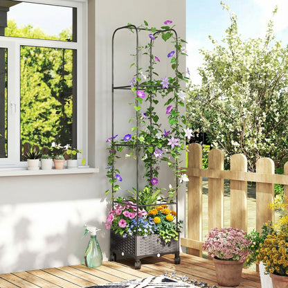 Raised Planter with Trellis, Mobile Planter on Wheels with Drain Hole, Plastic Trough for Climbing Plants, 15.7 x 15.7 x 72.8 in