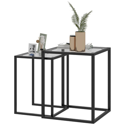 Set of 2 Square Side Tables Stackable Coffee Table Set with Tempered Glass Top and Steel Frame for Living Room 13x13x17.9 inches and 16.5x16.5x20 inches Black