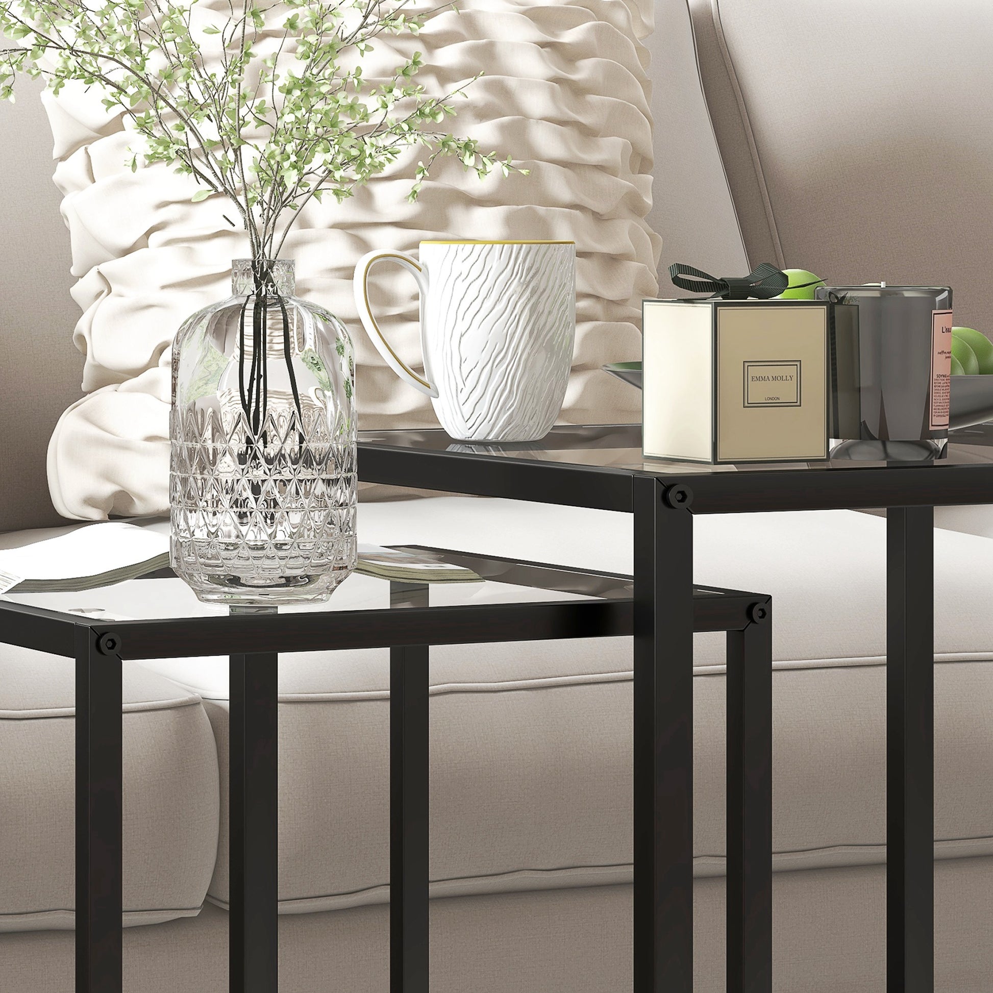Set of 2 Square Side Tables Stackable Coffee Table Set with Tempered Glass Top and Steel Frame for Living Room 13x13x17.9 inches and 16.5x16.5x20 inches Black