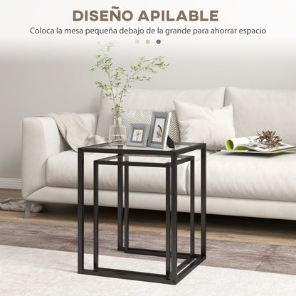 Set of 2 Square Side Tables Stackable Coffee Table Set with Tempered Glass Top and Steel Frame for Living Room 13x13x17.9 inches and 16.5x16.5x20 inches Black