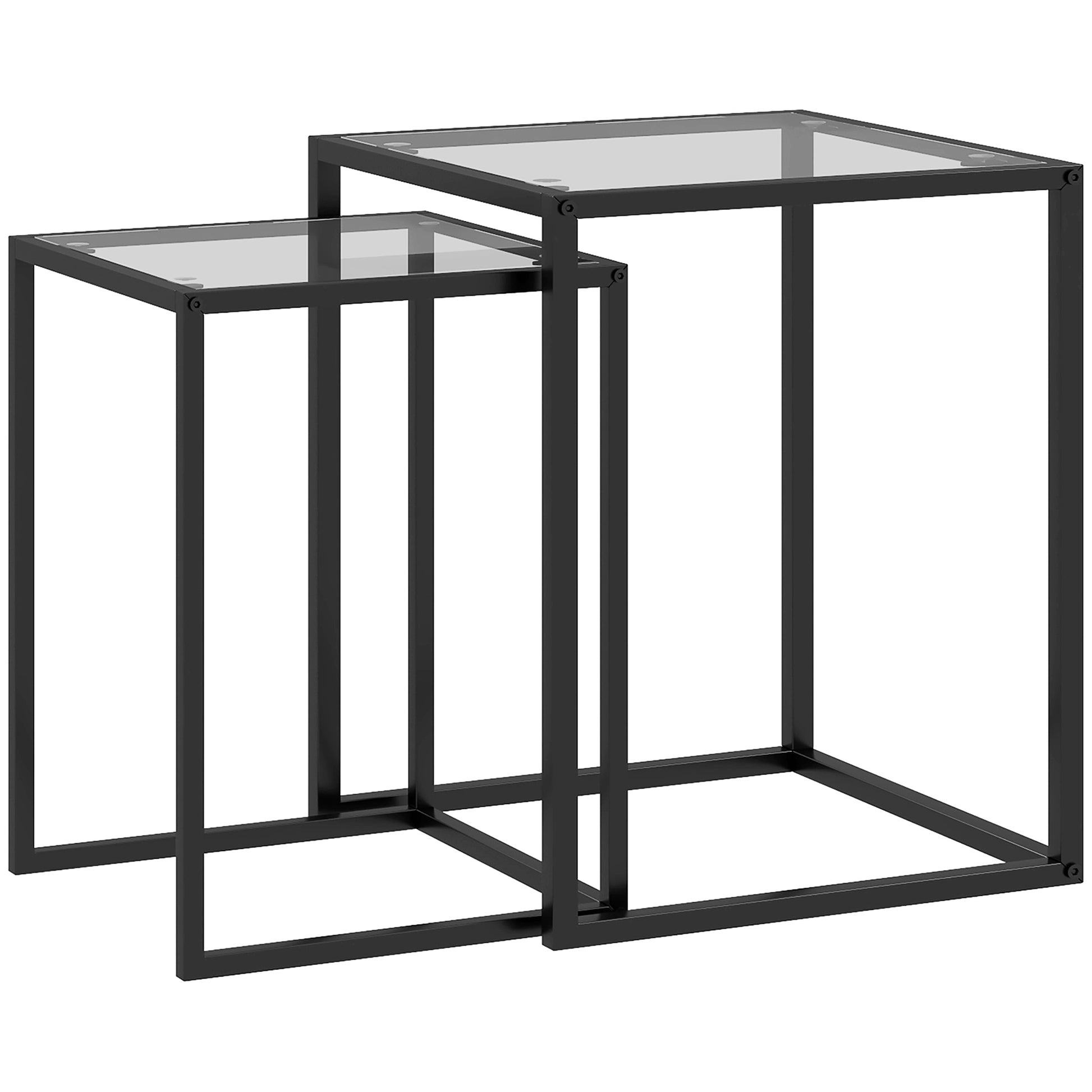 Set of 2 Square Side Tables Stackable Coffee Table Set with Tempered Glass Top and Steel Frame for Living Room 13x13x17.9 inches and 16.5x16.5x20 inches Black