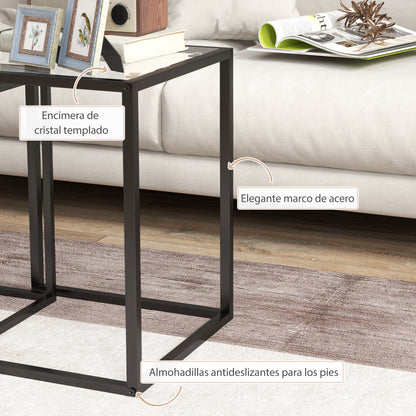 Set of 2 Square Side Tables Stackable Coffee Table Set with Tempered Glass Top and Steel Frame for Living Room 13x13x17.9 inches and 16.5x16.5x20 inches Black
