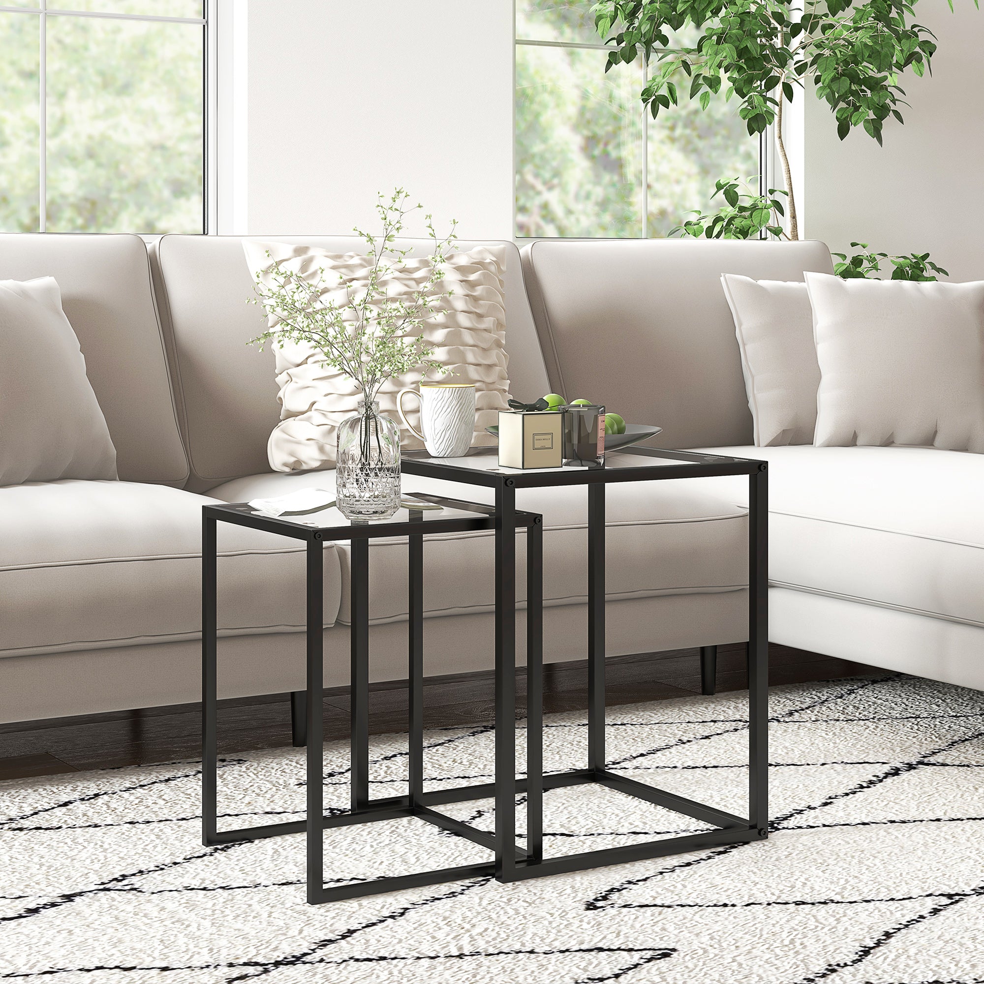 Set of 2 Square Side Tables Stackable Coffee Table Set with Tempered Glass Top and Steel Frame for Living Room 13x13x17.9 inches and 16.5x16.5x20 inches Black