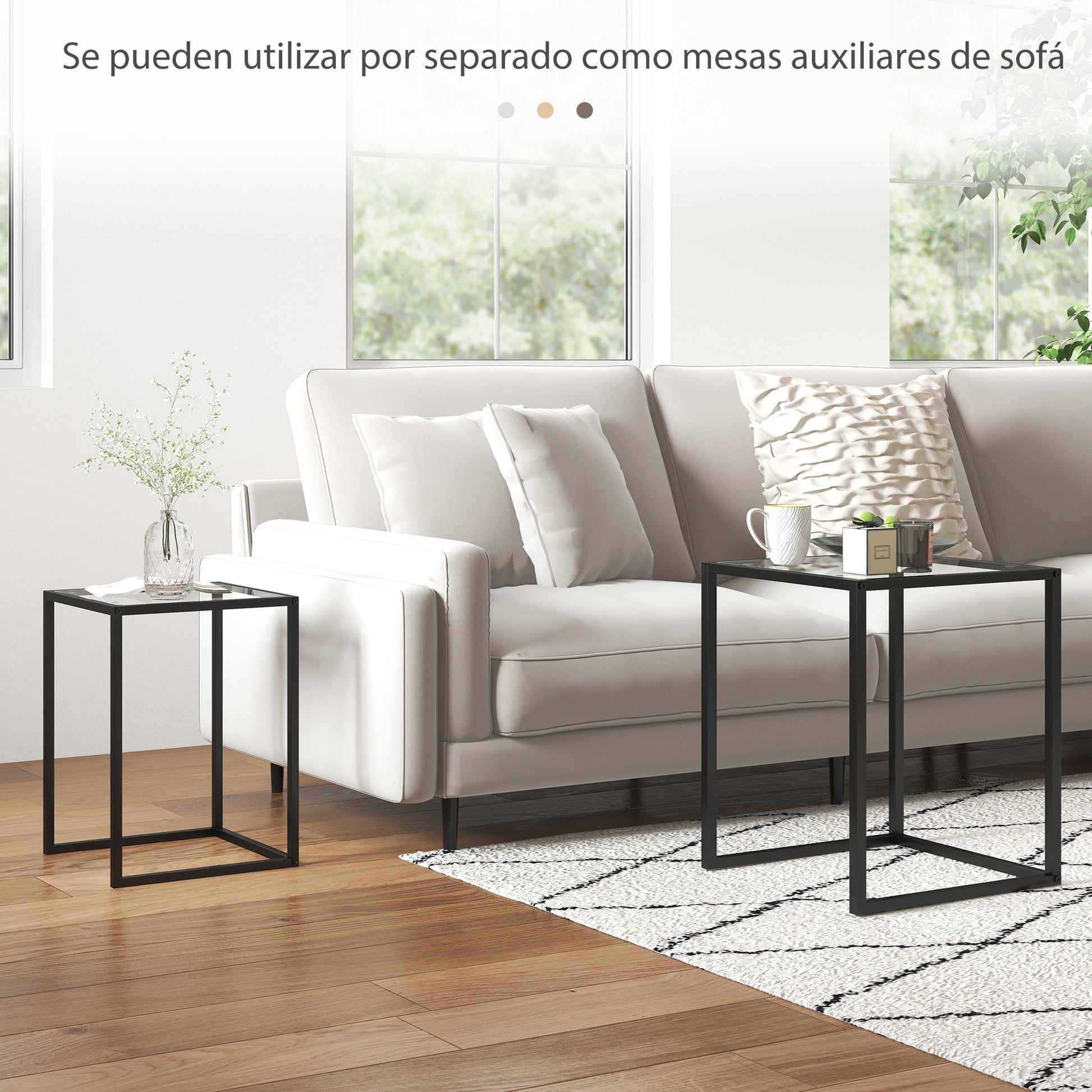 Set of 2 Square Side Tables Stackable Coffee Table Set with Tempered Glass Top and Steel Frame for Living Room 13x13x17.9 inches and 16.5x16.5x20 inches Black
