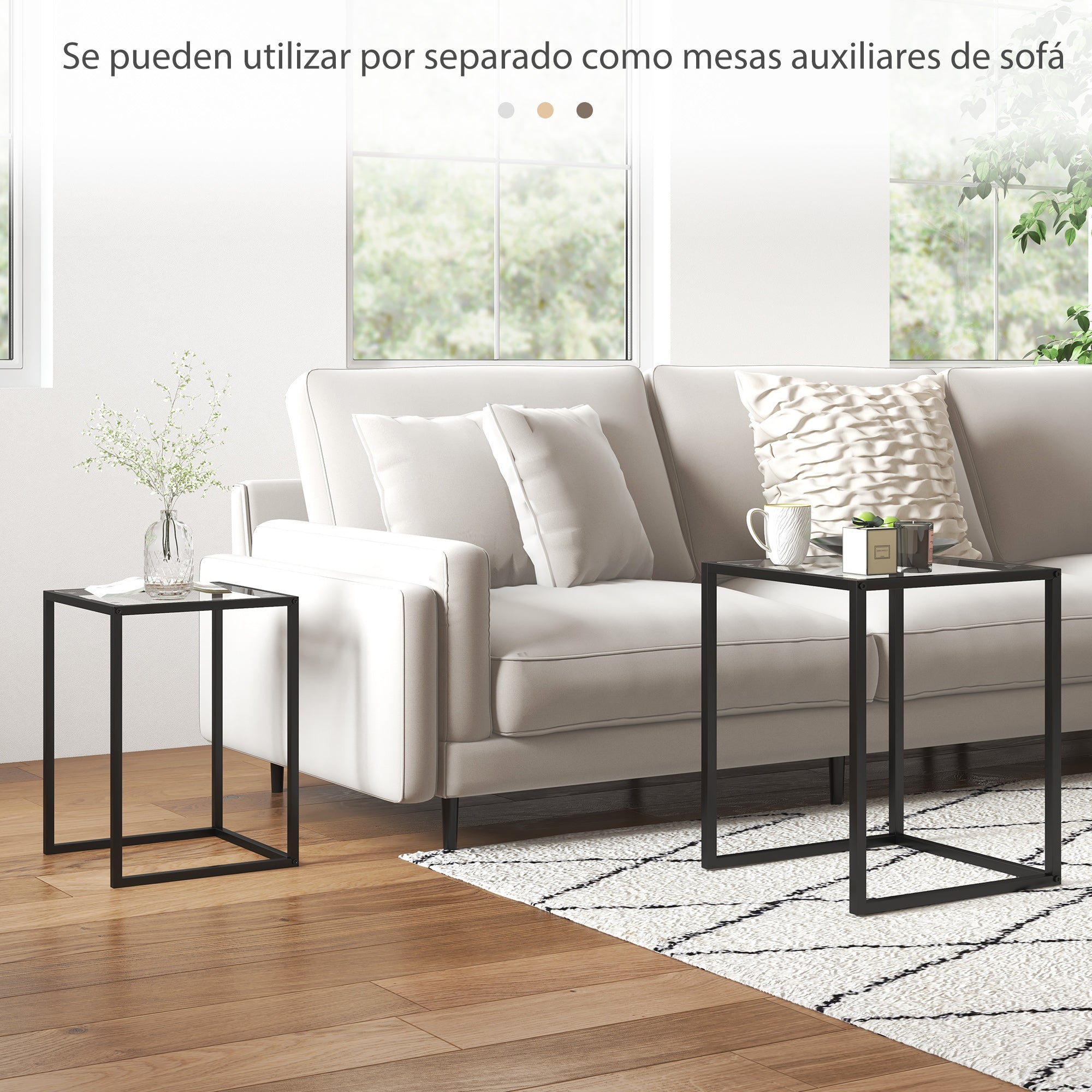 Set of 2 Square Side Tables Stackable Coffee Table Set with Tempered Glass Top and Steel Frame for Living Room 13x13x17.9 inches and 16.5x16.5x20 inches Black