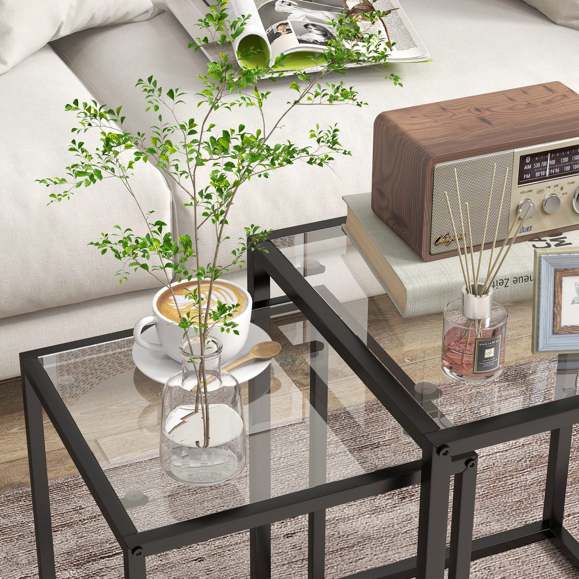 Set of 2 Square Side Tables Stackable Coffee Table Set with Tempered Glass Top and Steel Frame for Living Room 13x13x17.9 inches and 16.5x16.5x20 inches Black