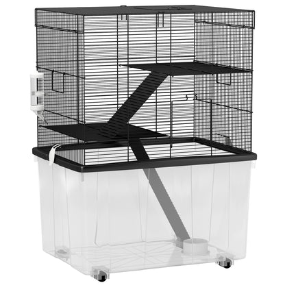 3-Level Hamster Cage with Deep 31cm Base and Wheels, Gerbil House with Ramps, Bowl, Water Bottle, 58x43x74cm, Black