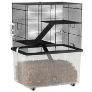 3-Level Hamster Cage with Deep 31cm Base and Wheels, Gerbil House with Ramps, Bowl, Water Bottle, 58x43x74cm, Black