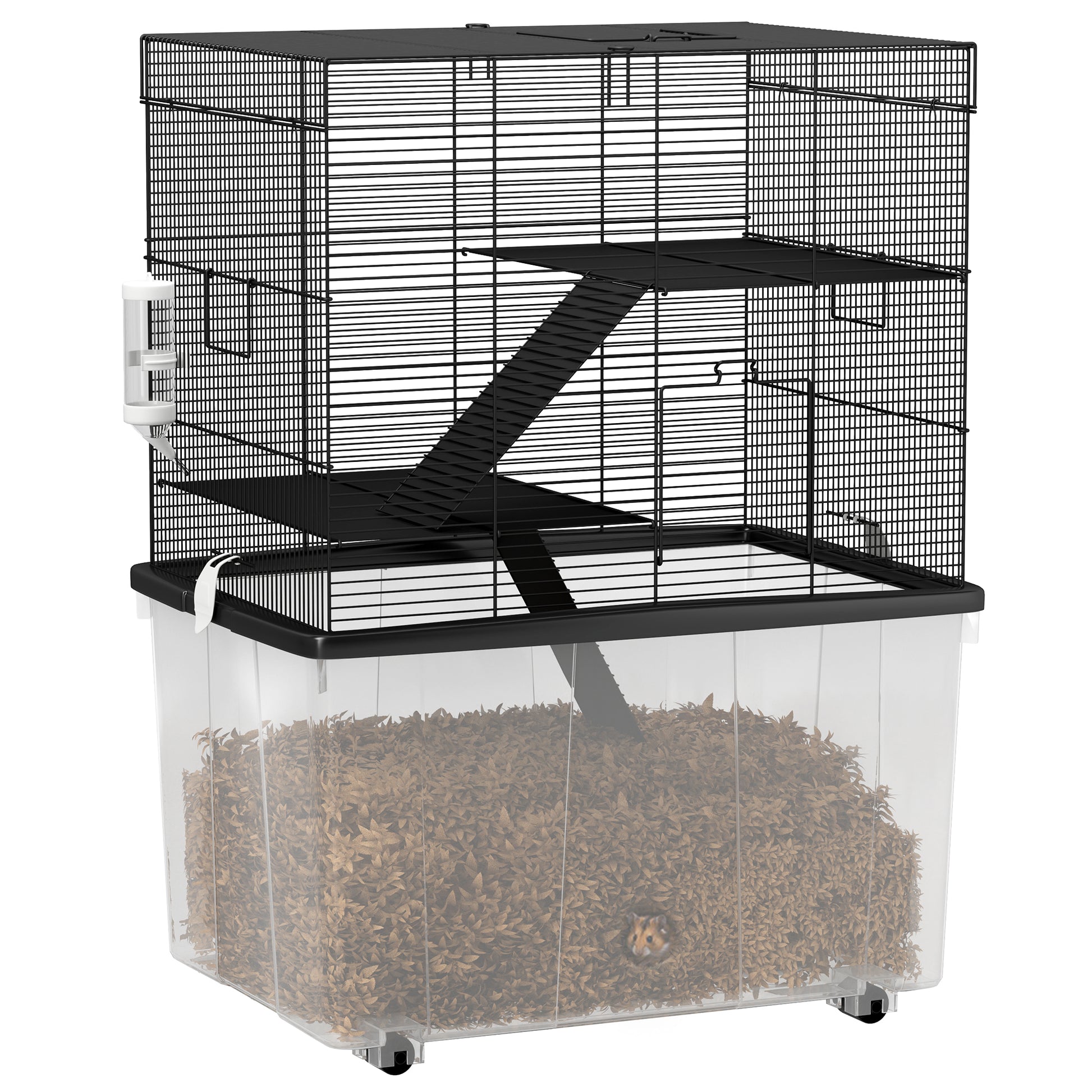 3-Level Hamster Cage with Deep 31cm Base and Wheels, Gerbil House with Ramps, Bowl, Water Bottle, 58x43x74cm, Black