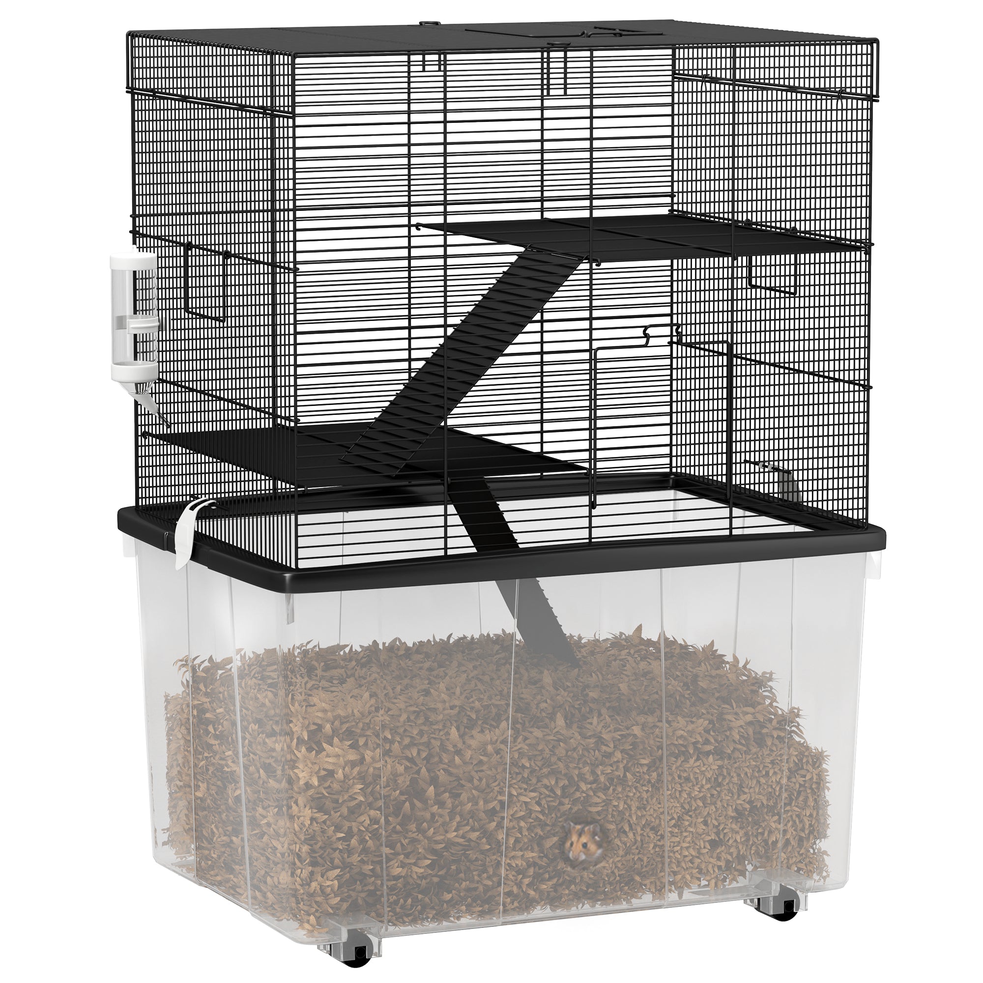 3-Level Hamster Cage with Deep 31cm Base and Wheels, Gerbil House with Ramps, Bowl, Water Bottle, 58x43x74cm, Black