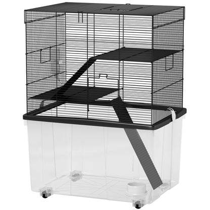3-Level Hamster Cage with Deep 31cm Base and Wheels, Gerbil House with Ramps, Bowl, Water Bottle, 58x43x74cm, Black