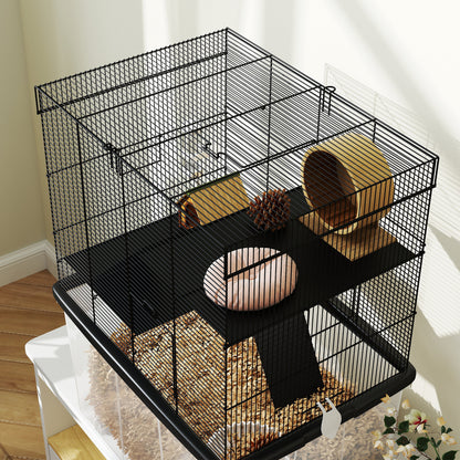 3-Level Hamster Cage with Deep 31cm Base and Wheels, Gerbil House with Ramps, Bowl, Water Bottle, 58x43x74cm, Black