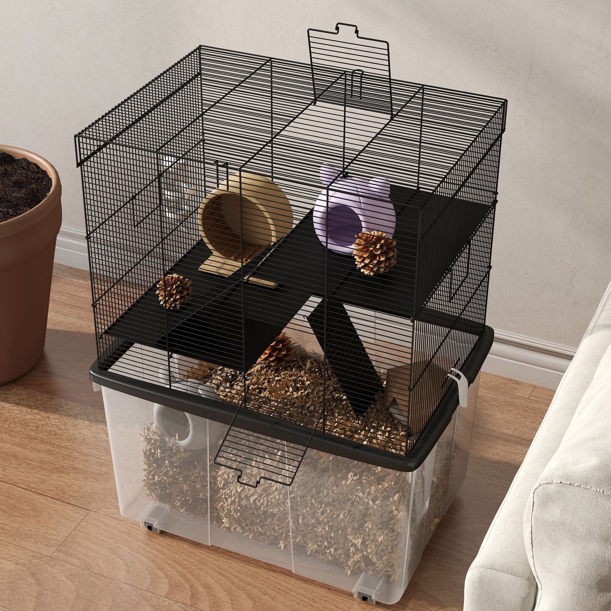 3-Level Hamster Cage with Deep 31cm Base and Wheels, Gerbil House with Ramps, Bowl, Water Bottle, 58x43x74cm, Black
