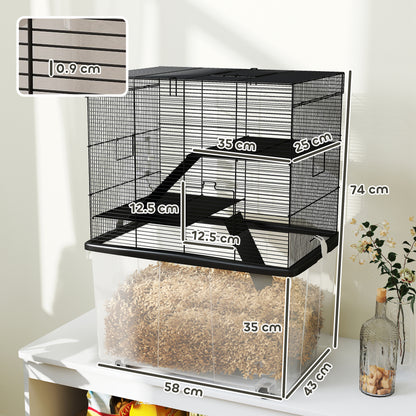 3-Level Hamster Cage with Deep 31cm Base and Wheels, Gerbil House with Ramps, Bowl, Water Bottle, 58x43x74cm, Black
