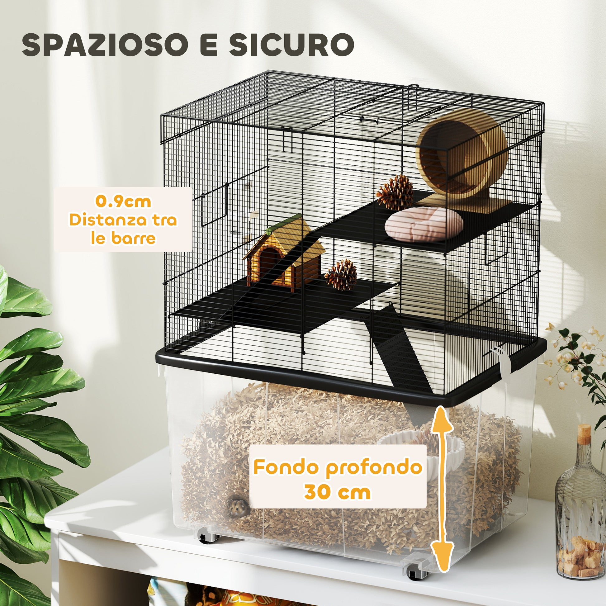 3-Level Hamster Cage with Deep 31cm Base and Wheels, Gerbil House with Ramps, Bowl, Water Bottle, 58x43x74cm, Black