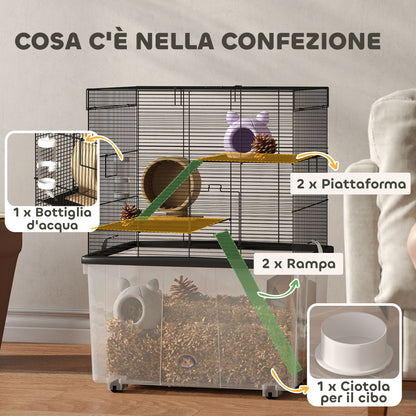 3-Level Hamster Cage with Deep 31cm Base and Wheels, Gerbil House with Ramps, Bowl, Water Bottle, 58x43x74cm, Black