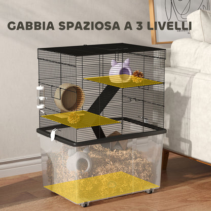3-Level Hamster Cage with Deep 31cm Base and Wheels, Gerbil House with Ramps, Bowl, Water Bottle, 58x43x74cm, Black