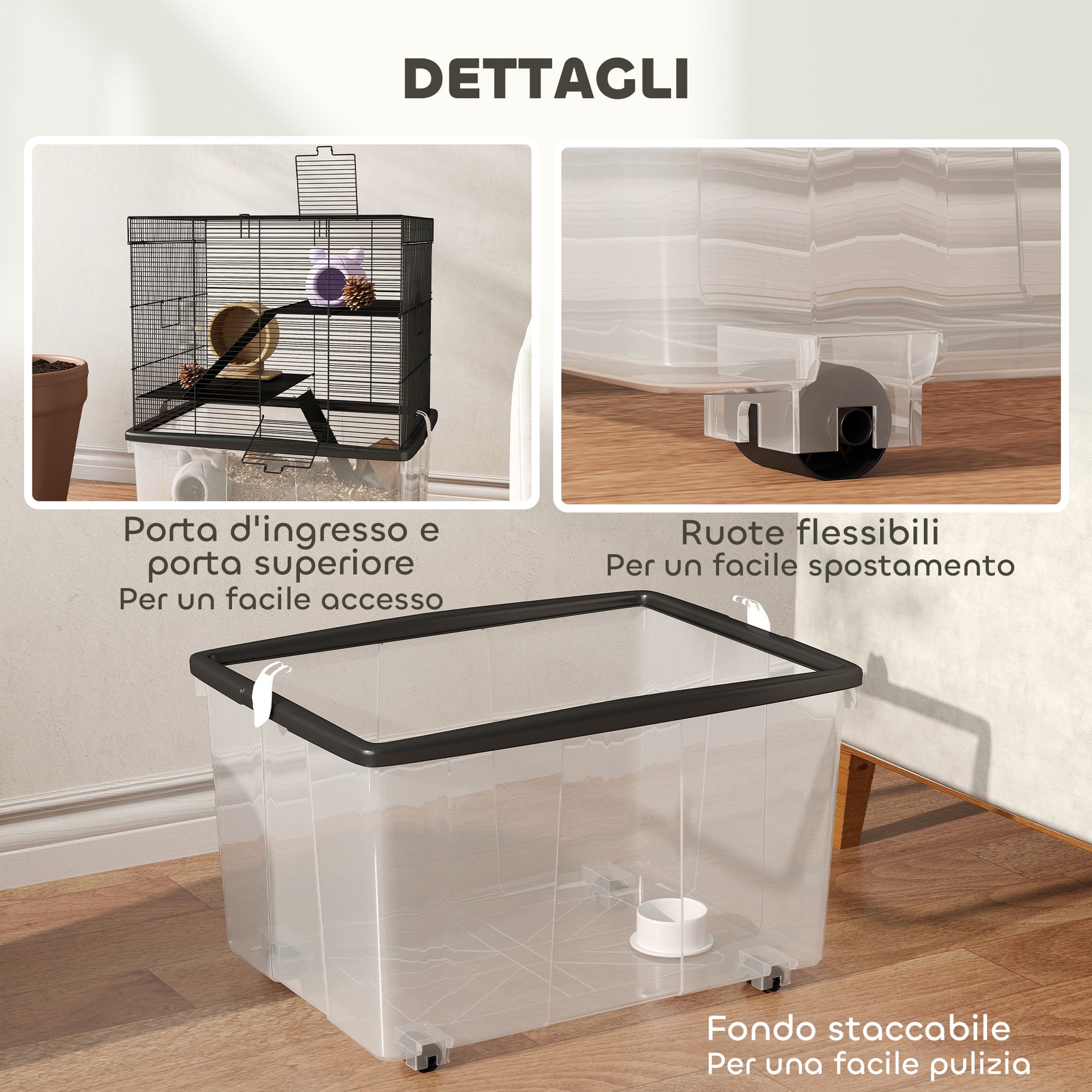 3-Level Hamster Cage with Deep 31cm Base and Wheels, Gerbil House with Ramps, Bowl, Water Bottle, 58x43x74cm, Black