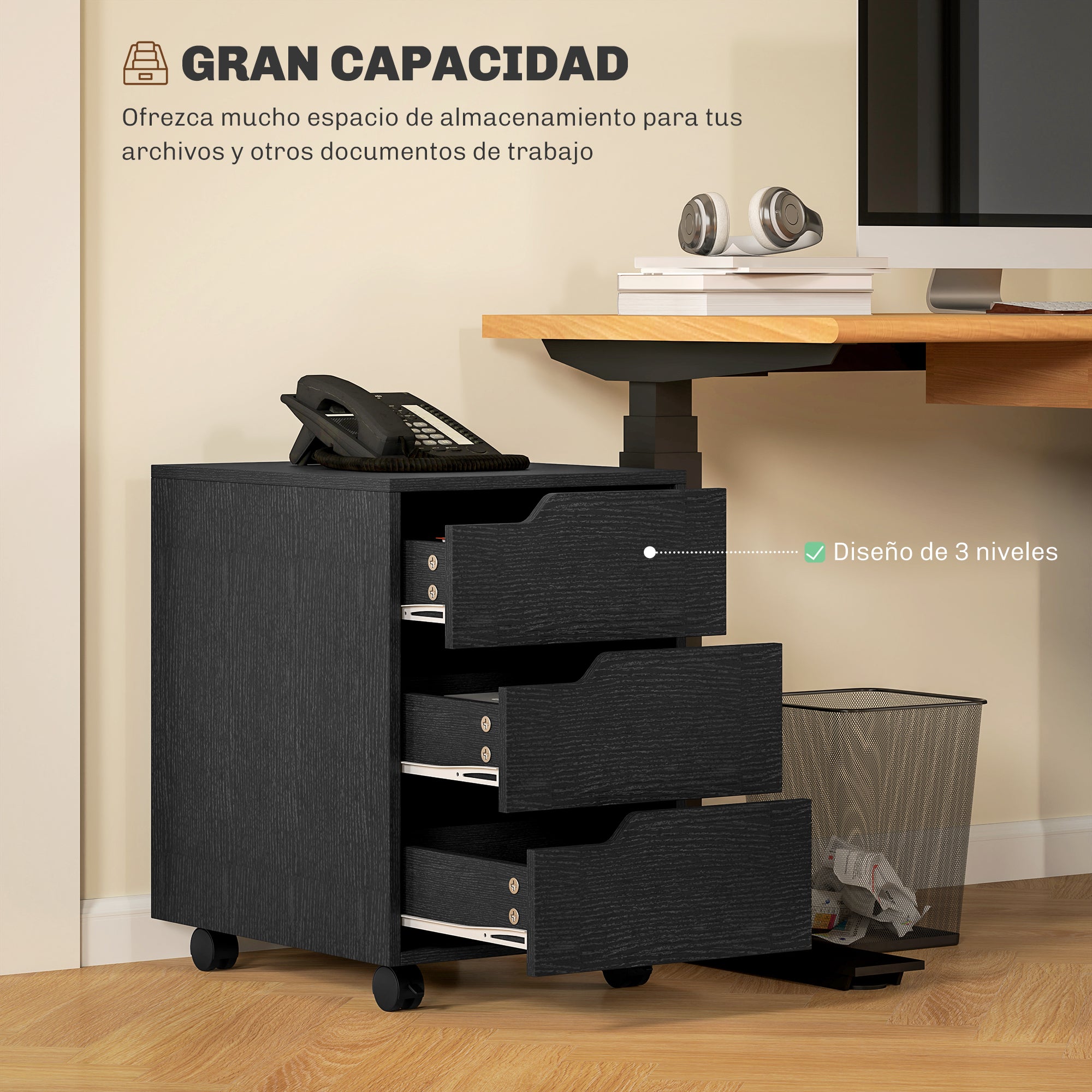 Office Drawer Unit with Wheels File Cabinet with 3 Drawers Desk Drawer Organizer 15.7x19.7x22.6 inches Black