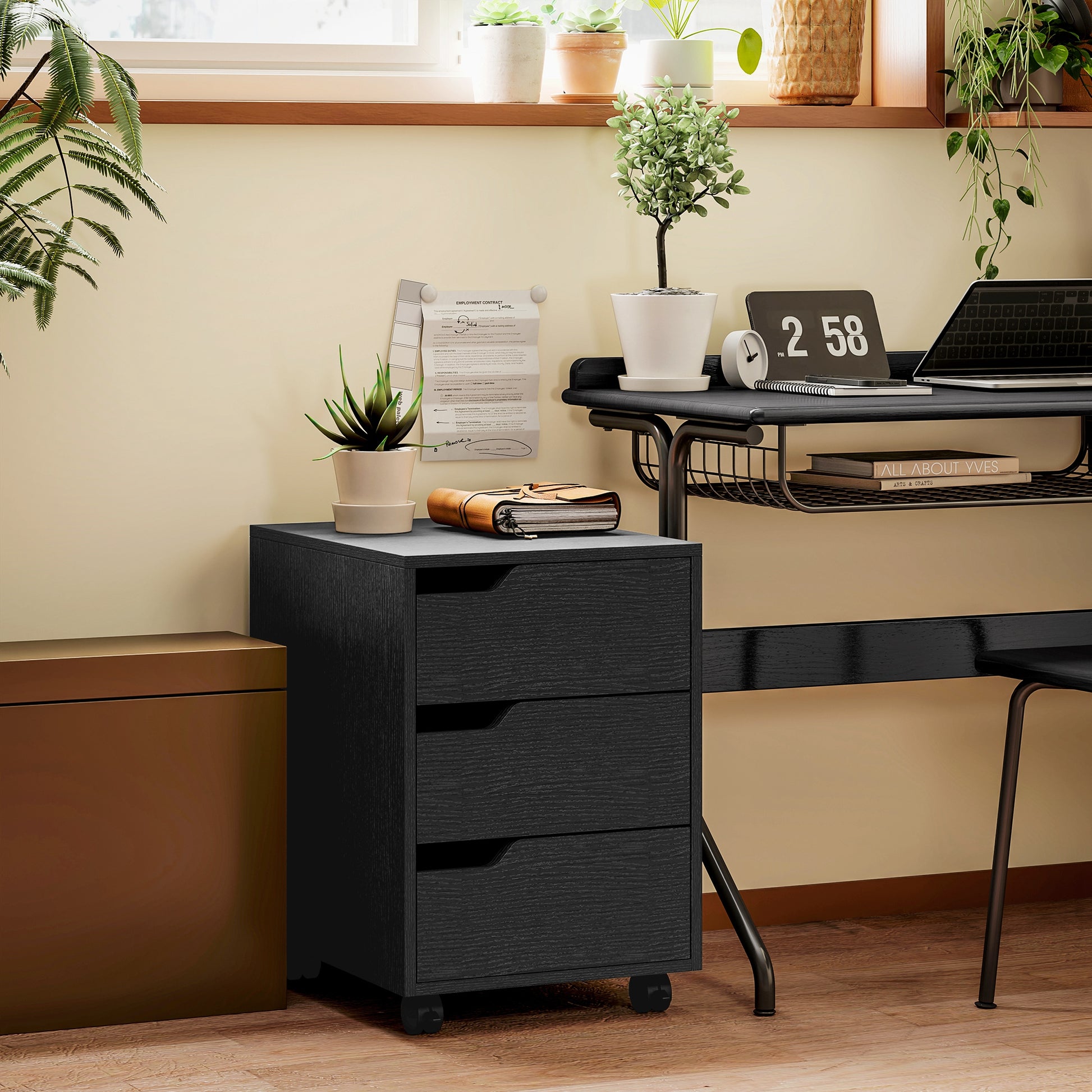 Office Drawer Unit with Wheels File Cabinet with 3 Drawers Desk Drawer Organizer 15.7x19.7x22.6 inches Black