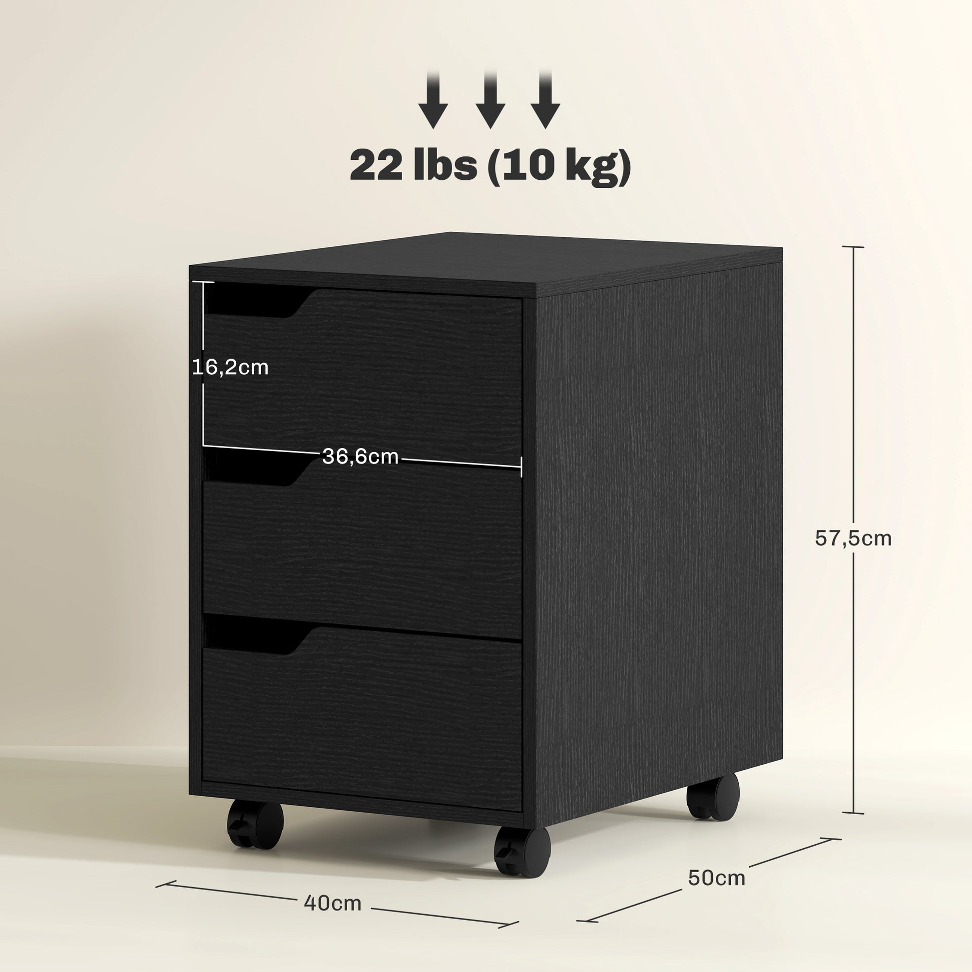 Office Drawer Unit with Wheels File Cabinet with 3 Drawers Desk Drawer Organizer 15.7x19.7x22.6 inches Black
