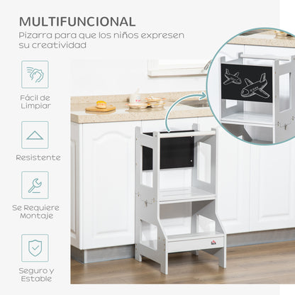 2-in-1 Learning Tower Learning Stool for Children 3+ Years Convertible into Desk with Chalkboard and Safety Bar 42x44x86 cm Gray