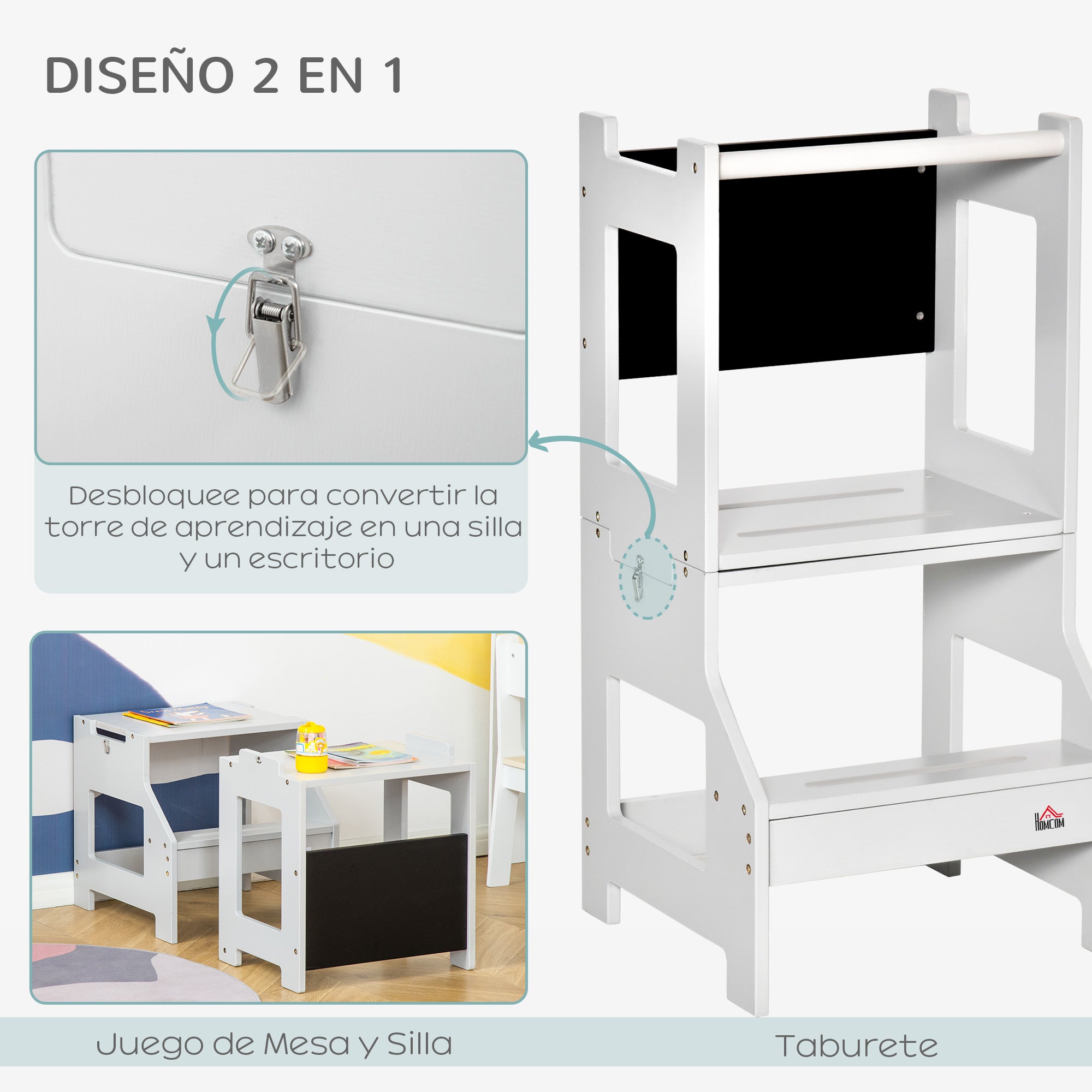 2-in-1 Learning Tower Learning Stool for Children 3+ Years Convertible into Desk with Chalkboard and Safety Bar 42x44x86 cm Gray