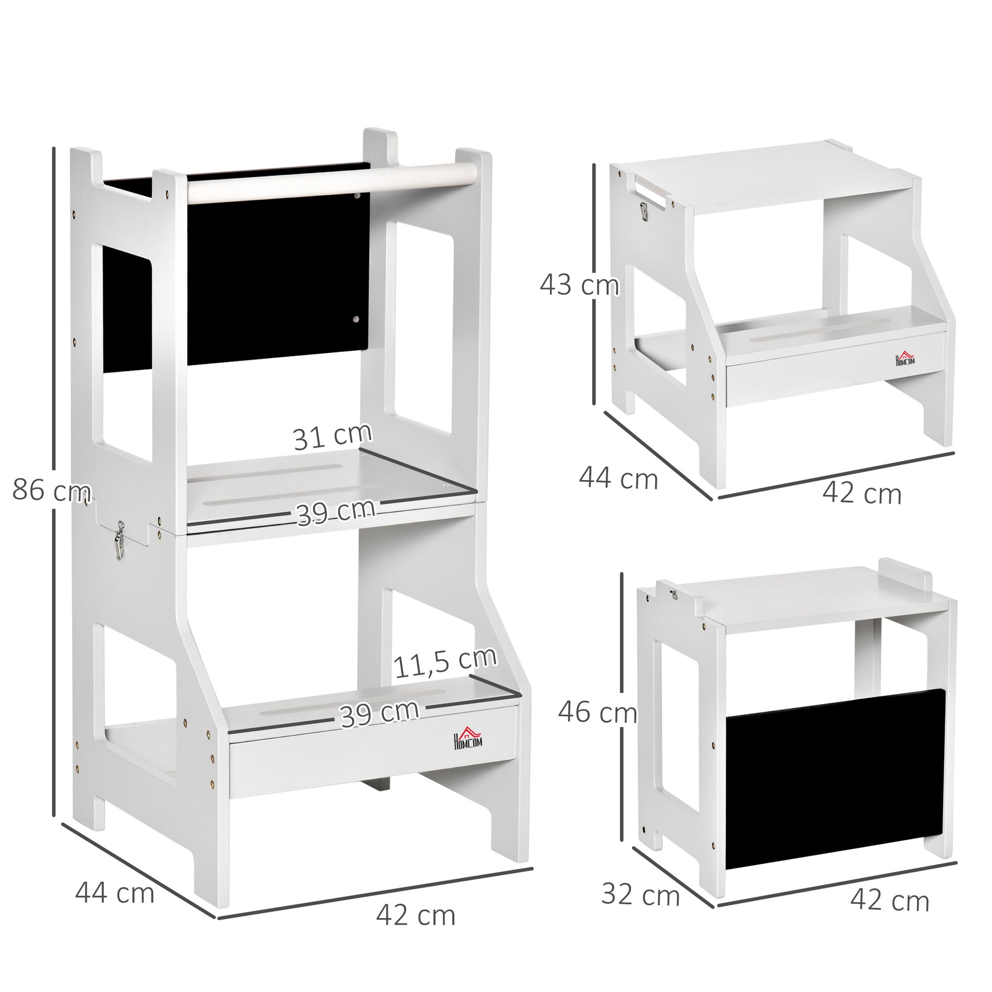 2-in-1 Learning Tower Learning Stool for Children 3+ Years Convertible into Desk with Chalkboard and Safety Bar 42x44x86 cm Gray