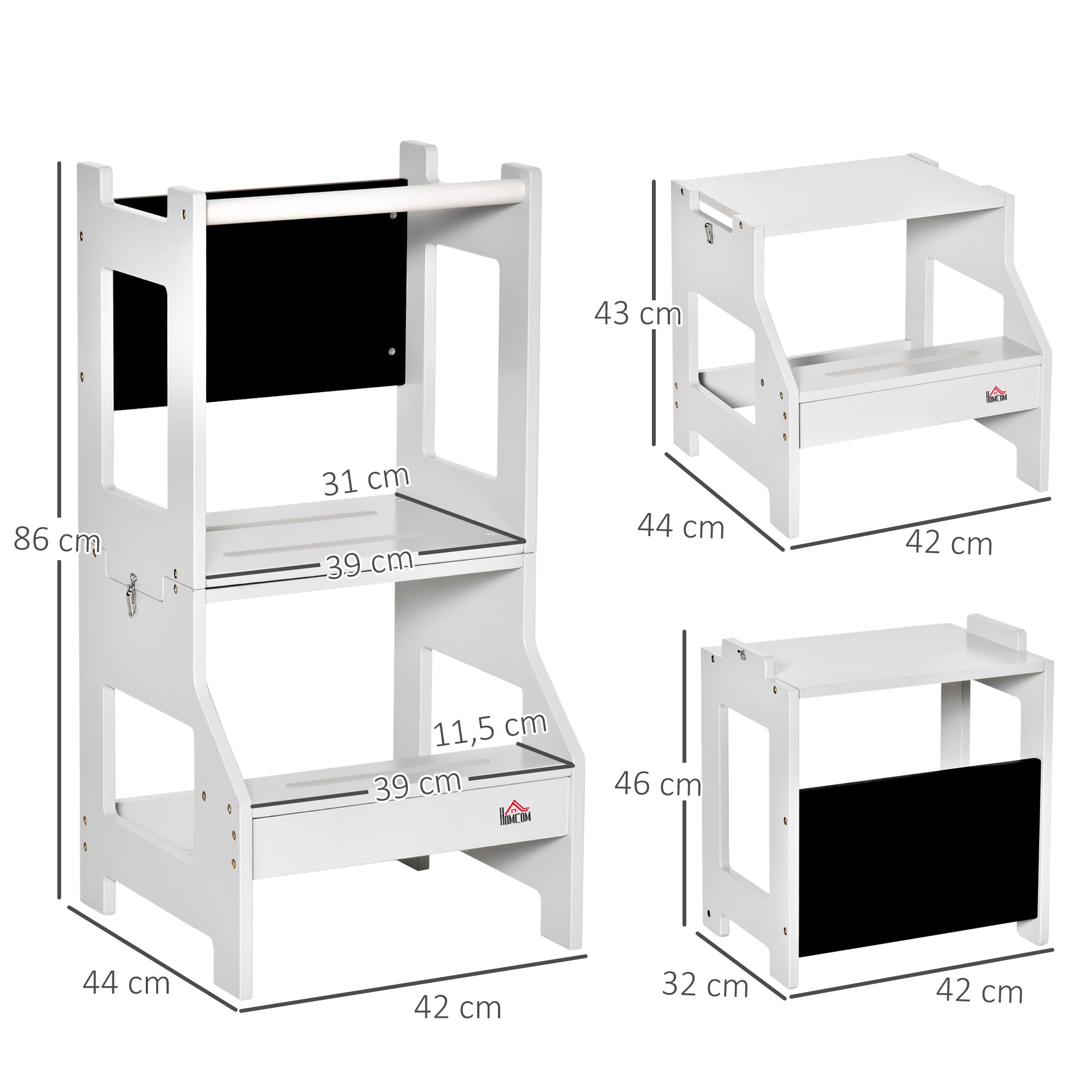 2-in-1 Learning Tower Learning Stool for Children 3+ Years Convertible into Desk with Chalkboard and Safety Bar 42x44x86 cm Gray