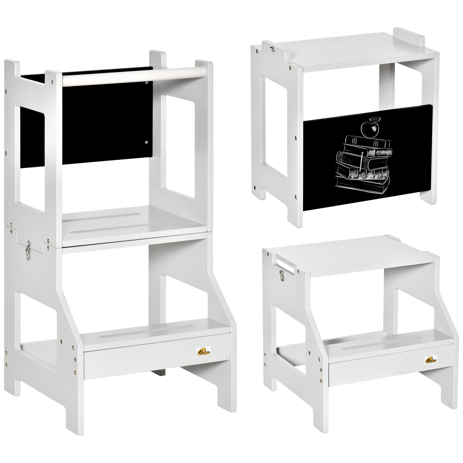 2-in-1 Learning Tower Learning Stool for Children 3+ Years Convertible into Desk with Chalkboard and Safety Bar 42x44x86 cm Gray