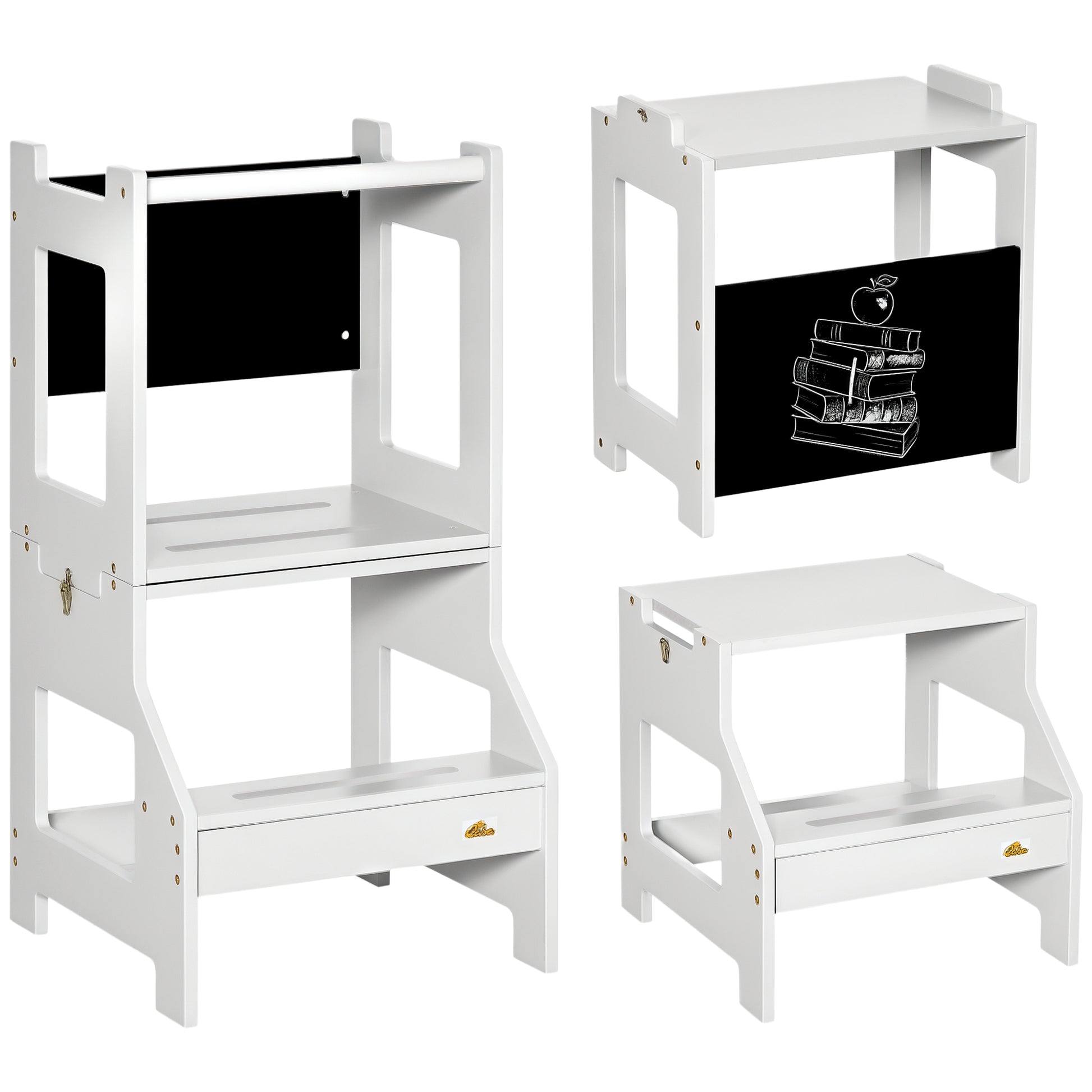 2-in-1 Learning Tower Learning Stool for Children 3+ Years Convertible into Desk with Chalkboard and Safety Bar 42x44x86 cm Gray