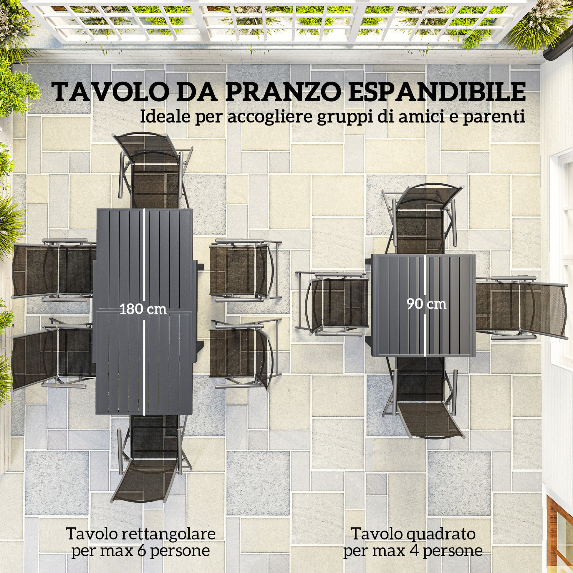 7-Piece Garden Table Set with Extendable Table 90/180cm, 6 Folding Armchairs Outdoor Set in Steel and Textilene, Gray and Black