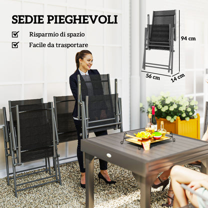 7-Piece Garden Table Set with Extendable Table 90/180cm, 6 Folding Armchairs Outdoor Set in Steel and Textilene, Gray and Black