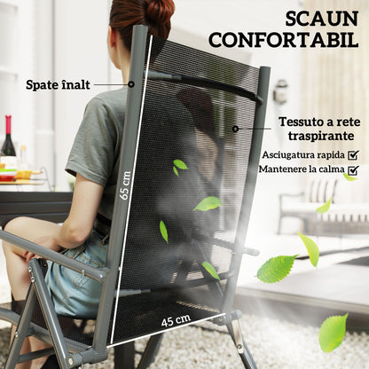 7-Piece Garden Table Set with Extendable Table 90/180cm, 6 Folding Armchairs Outdoor Set in Steel and Textilene, Gray and Black