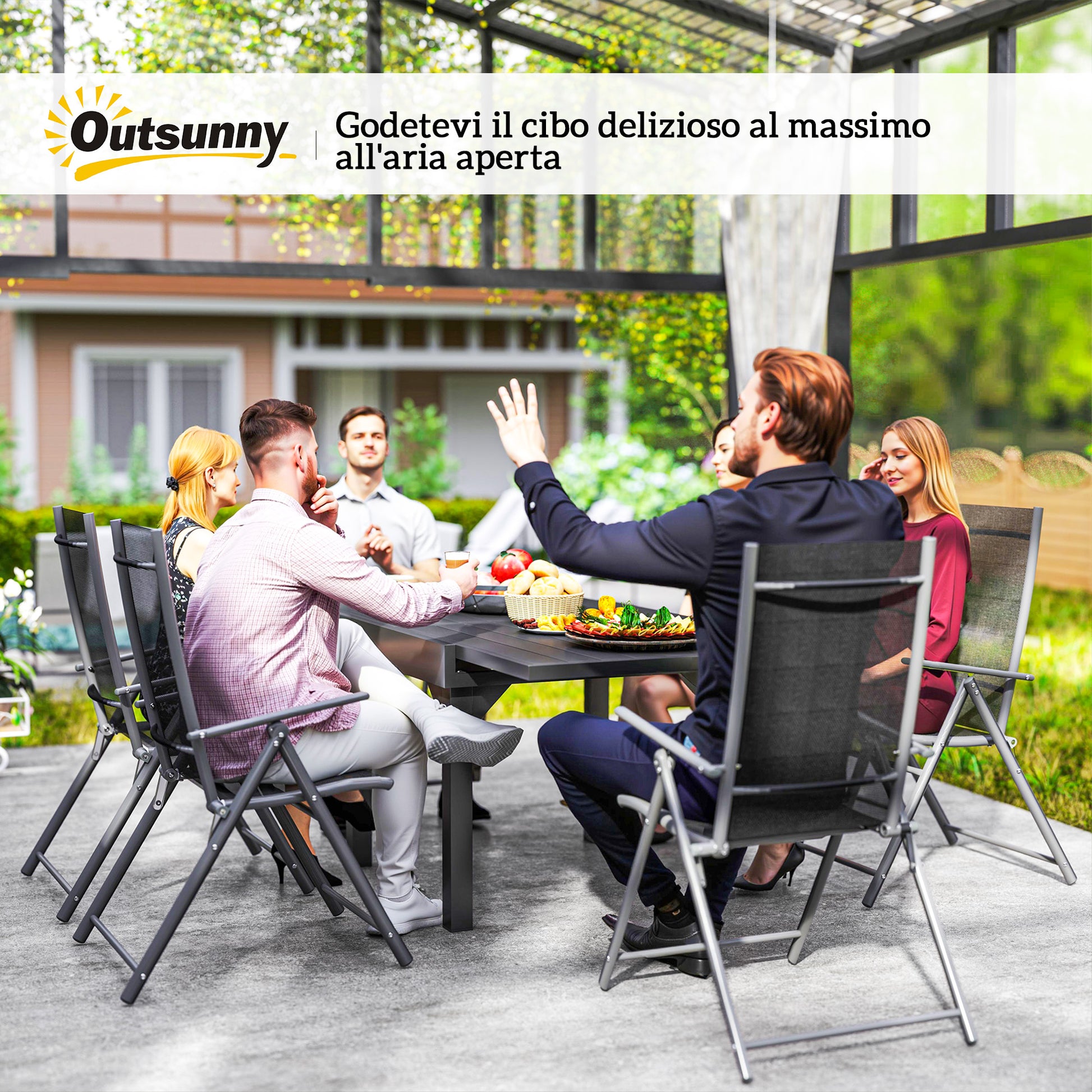 7-Piece Garden Table Set with Extendable Table 90/180cm, 6 Folding Armchairs Outdoor Set in Steel and Textilene, Gray and Black