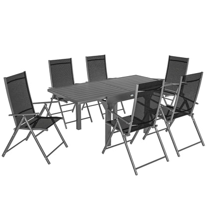 7-Piece Garden Table Set with Extendable Table 90/180cm, 6 Folding Armchairs Outdoor Set in Steel and Textilene, Gray and Black