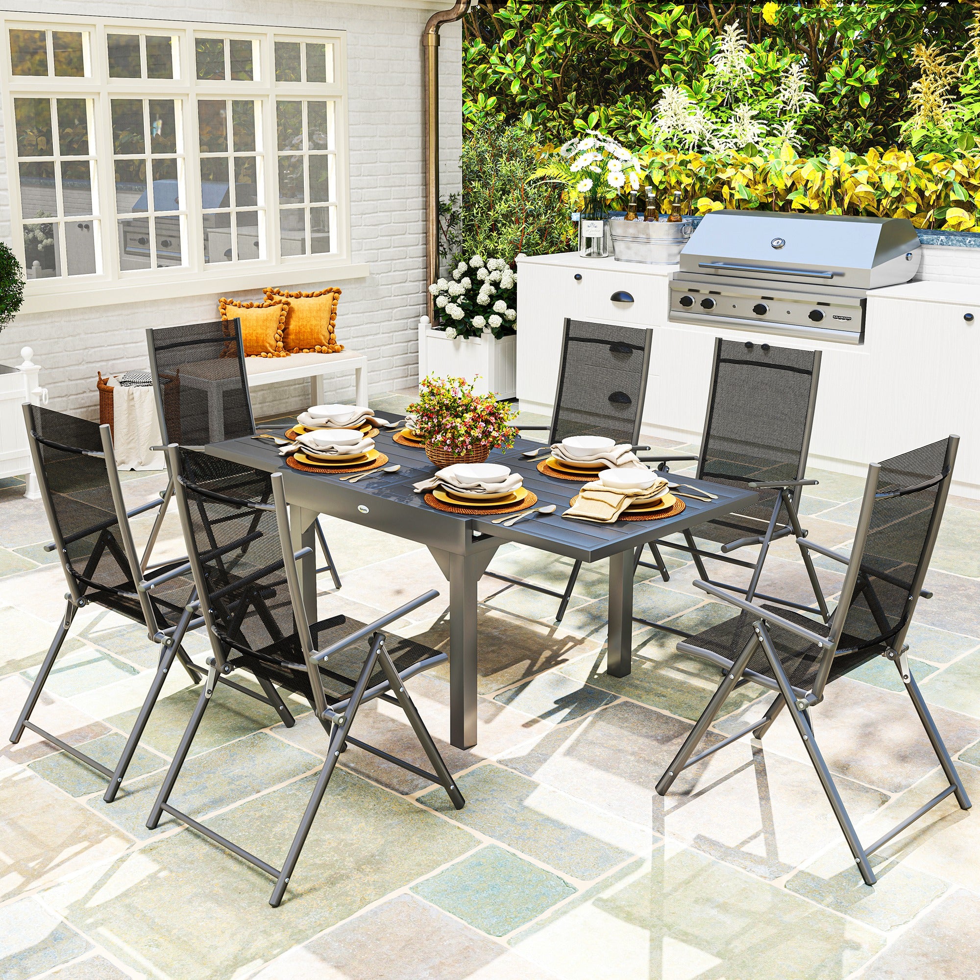 7-Piece Garden Table Set with Extendable Table 90/180cm, 6 Folding Armchairs Outdoor Set in Steel and Textilene, Gray and Black