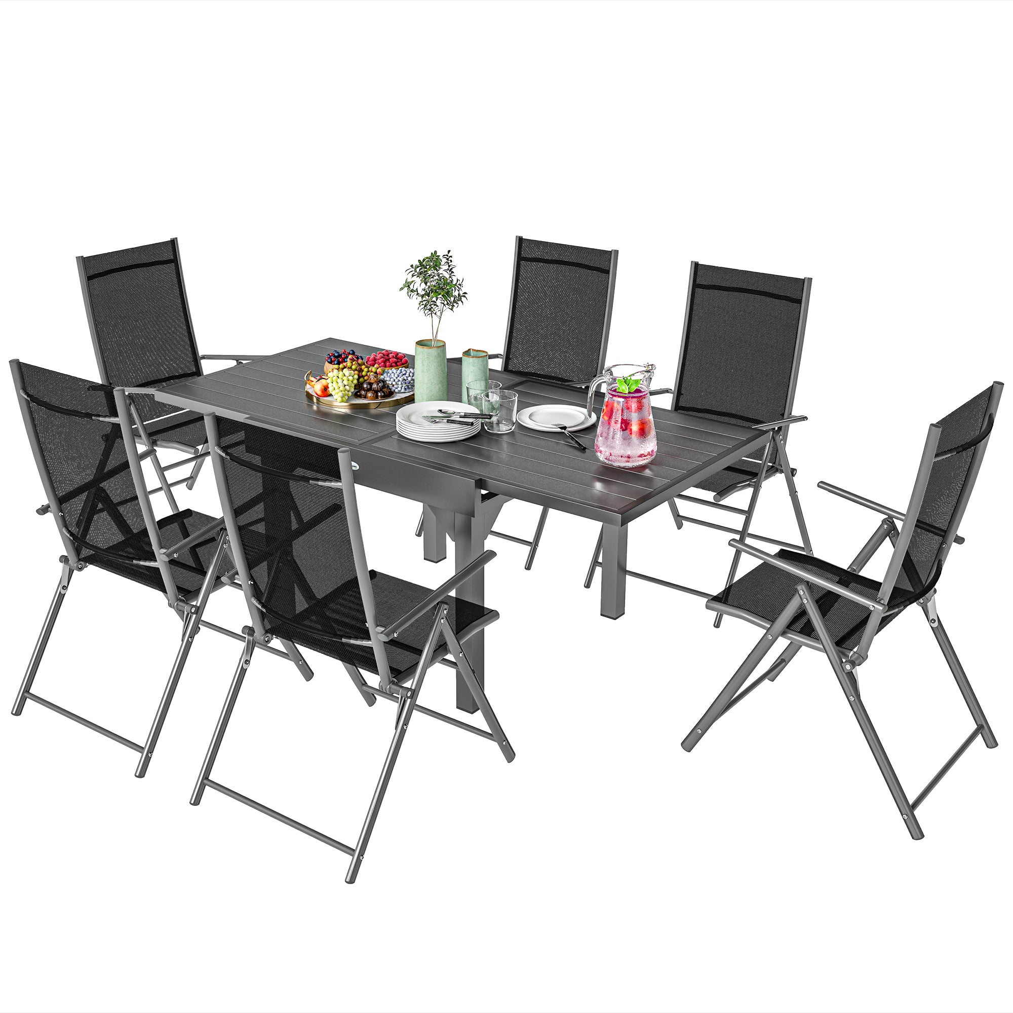 7-Piece Garden Table Set with Extendable Table 90/180cm, 6 Folding Armchairs Outdoor Set in Steel and Textilene, Gray and Black