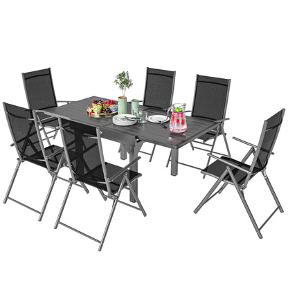 7-Piece Garden Table Set with Extendable Table 90/180cm, 6 Folding Armchairs Outdoor Set in Steel and Textilene, Gray and Black