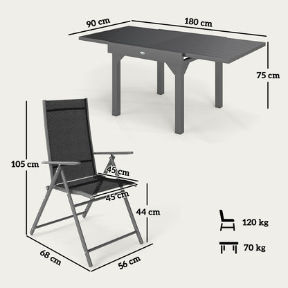 7-Piece Garden Table Set with Extendable Table 90/180cm, 6 Folding Armchairs Outdoor Set in Steel and Textilene, Gray and Black