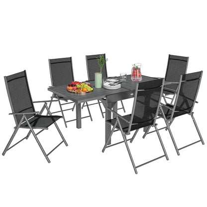 7-Piece Garden Table Set with Extendable Table 90/180cm, 6 Folding Armchairs Outdoor Set in Steel and Textilene, Gray and Black