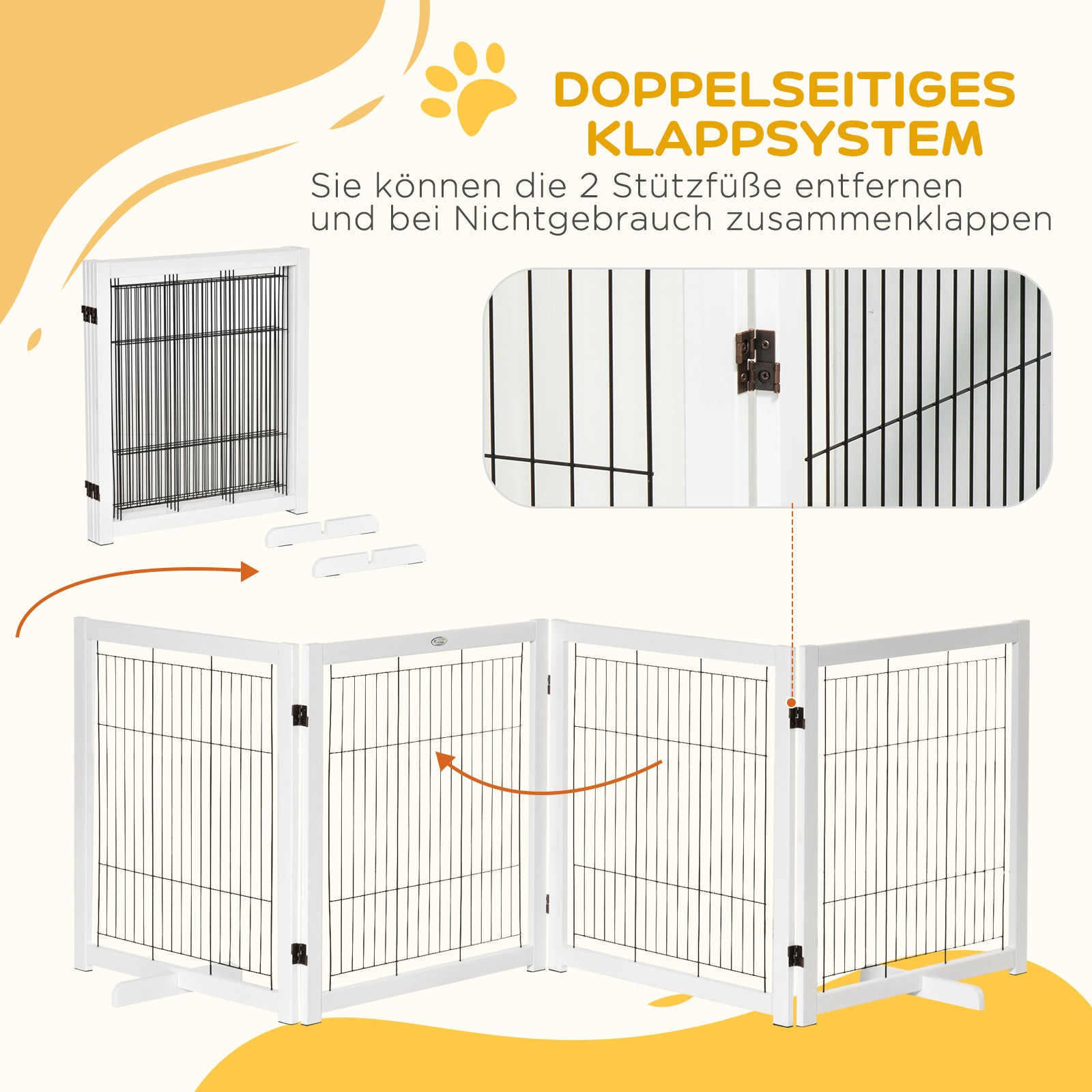 Freestanding Pet Gate Dog Safety Gate with Feet 305 x 82 cm Wood Dog Gate Foldable Stair Gate Dog Barrier for Stairs, Doors, Hallway, 4 Panels, White