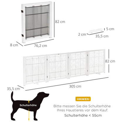 Freestanding Pet Gate Dog Safety Gate with Feet 305 x 82 cm Wood Dog Gate Foldable Stair Gate Dog Barrier for Stairs, Doors, Hallway, 4 Panels, White