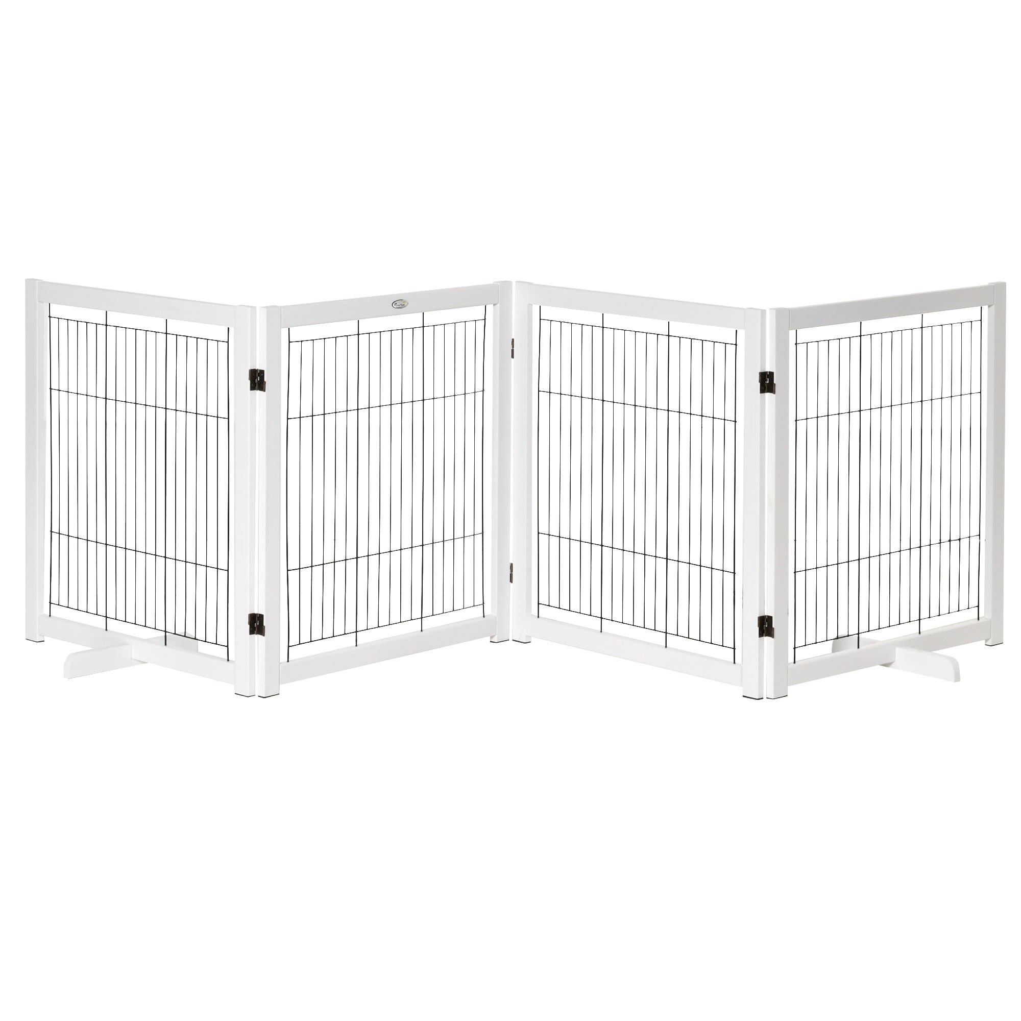 Freestanding Pet Gate Dog Safety Gate with Feet 305 x 82 cm Wood Dog Gate Foldable Stair Gate Dog Barrier for Stairs, Doors, Hallway, 4 Panels, White