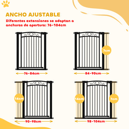 Dog Barrier Dog Gate 76-104 cm Pet Safety Gate with 2 Extensions 7/14 cm and Double Lock for Stairs and Doors Black