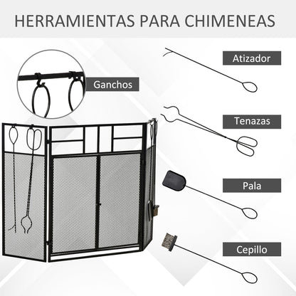 Fireplace Screen Guard Foldable Fireplace Protector with Double Door Panels 4 Tools Metal Structure and Hooks 106x79 cm Black