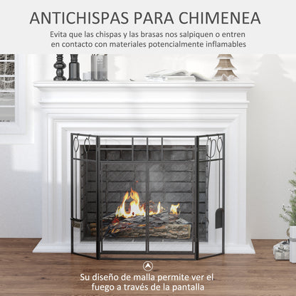 Fireplace Screen Guard Foldable Fireplace Protector with Double Door Panels 4 Tools Metal Structure and Hooks 106x79 cm Black