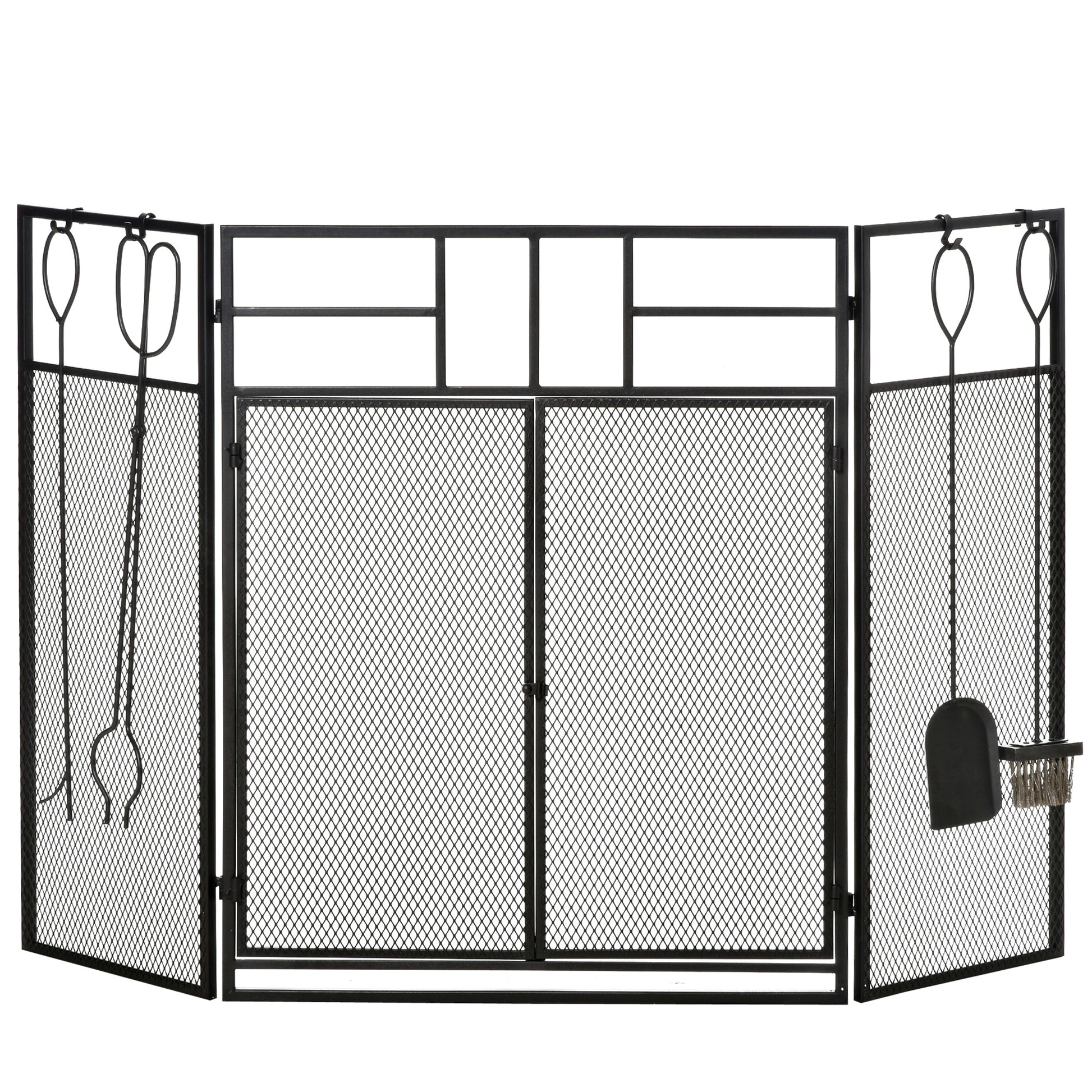 Fireplace Screen Guard Foldable Fireplace Protector with Double Door Panels 4 Tools Metal Structure and Hooks 106x79 cm Black