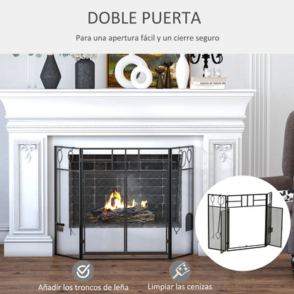 Fireplace Screen Guard Foldable Fireplace Protector with Double Door Panels 4 Tools Metal Structure and Hooks 106x79 cm Black