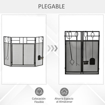 Fireplace Screen Guard Foldable Fireplace Protector with Double Door Panels 4 Tools Metal Structure and Hooks 106x79 cm Black